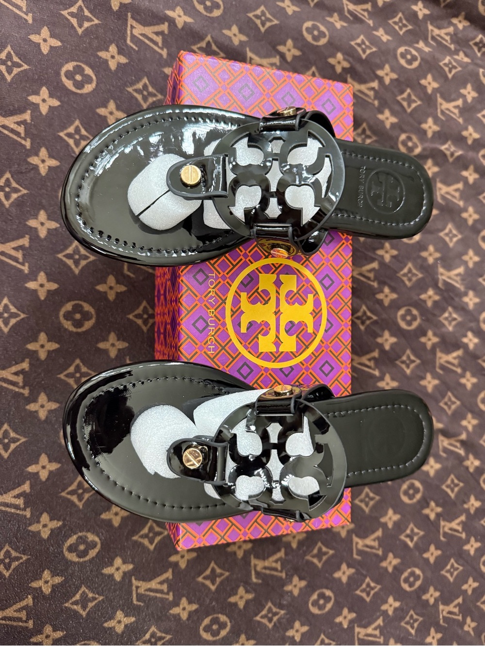 Tory Burch Black Patent Miller Logo Thong Sandals with Gold Accent